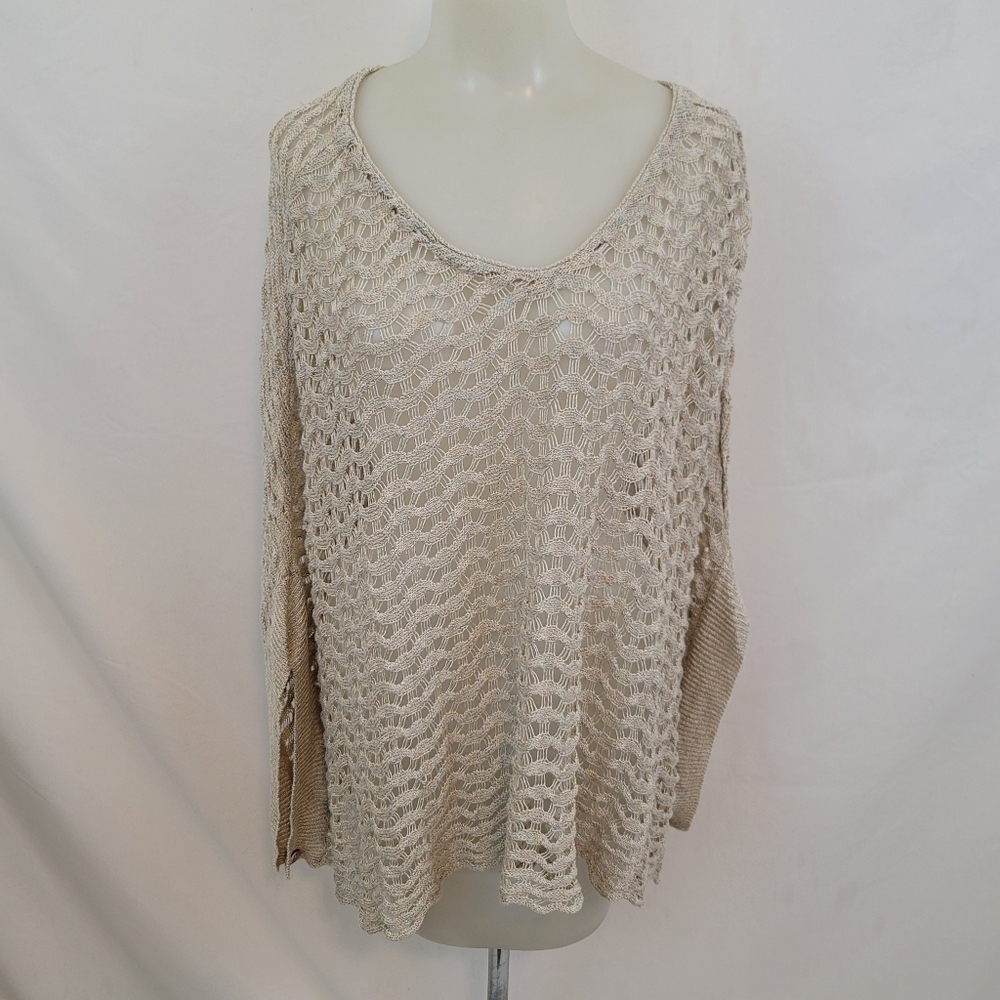 SPARROW Anthropologie Beige Metallic BRIZO Open Knit Linen Blend Poncho Sweater